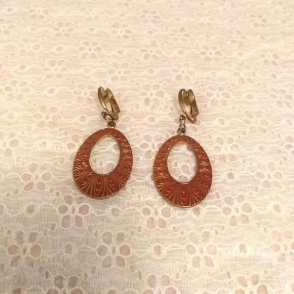 Vintage Red Gold Art Deco Gold Tone Large Oval Dangle Drop Earrings - Picture 5 of 9